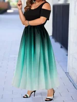 Women Plus Size 1XL-8XL Dress Gradient Print Off Shoulder Dress Long Ball Dress Tight Top and Loose Bottom Elegant Short Sleeve - Image 5