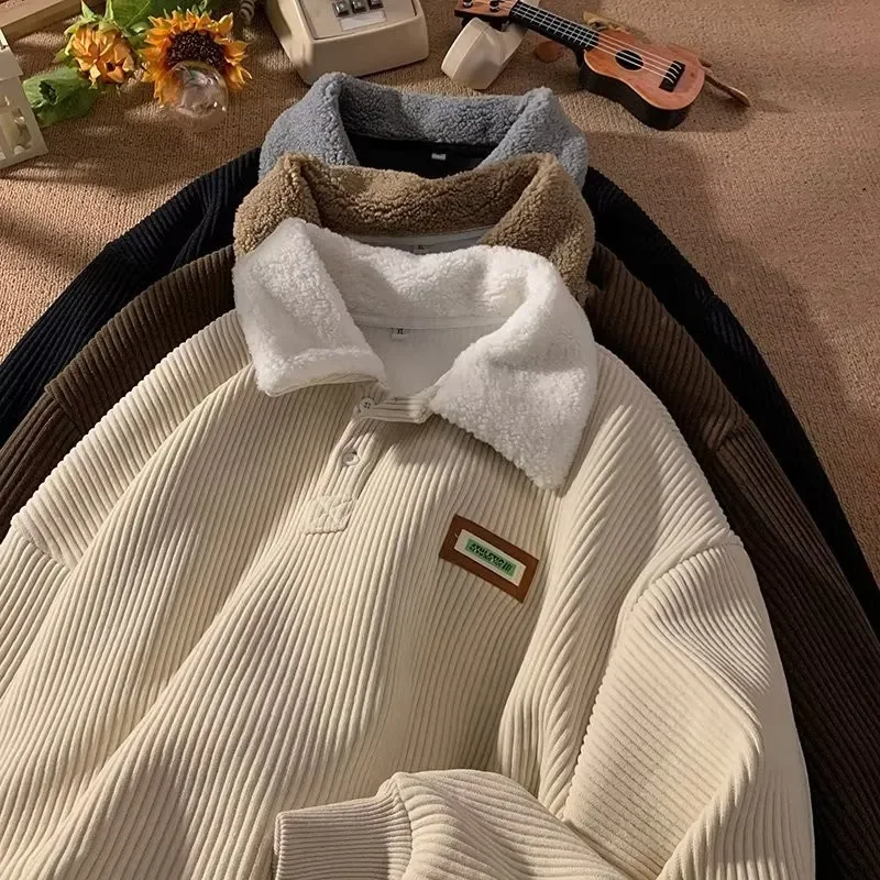 

Corduroy Hoodies for Women in Autumn and Winter with Thickened Japanese Style Lazy Jacket Design Niche Polo Neck Warm Tops