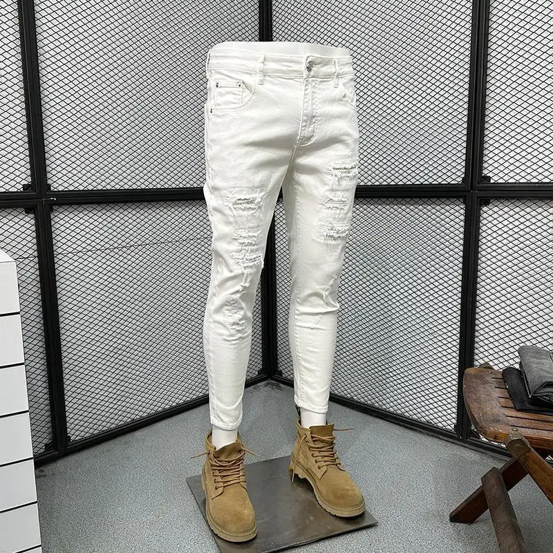 White Scratched Jeans Men's Spring and Autumn 2026 New Trendy Brand Slim-fitting Pants Fashion Ripped Pants Pantalones Hombre 3