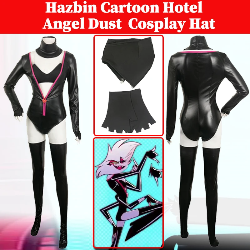 

Angel Dust Cosplay Black Costume Hazbin Cartoon Hotel Rolelpaly Leather Jumpsuit Stockings Outfiits Women Halloween Party Suit