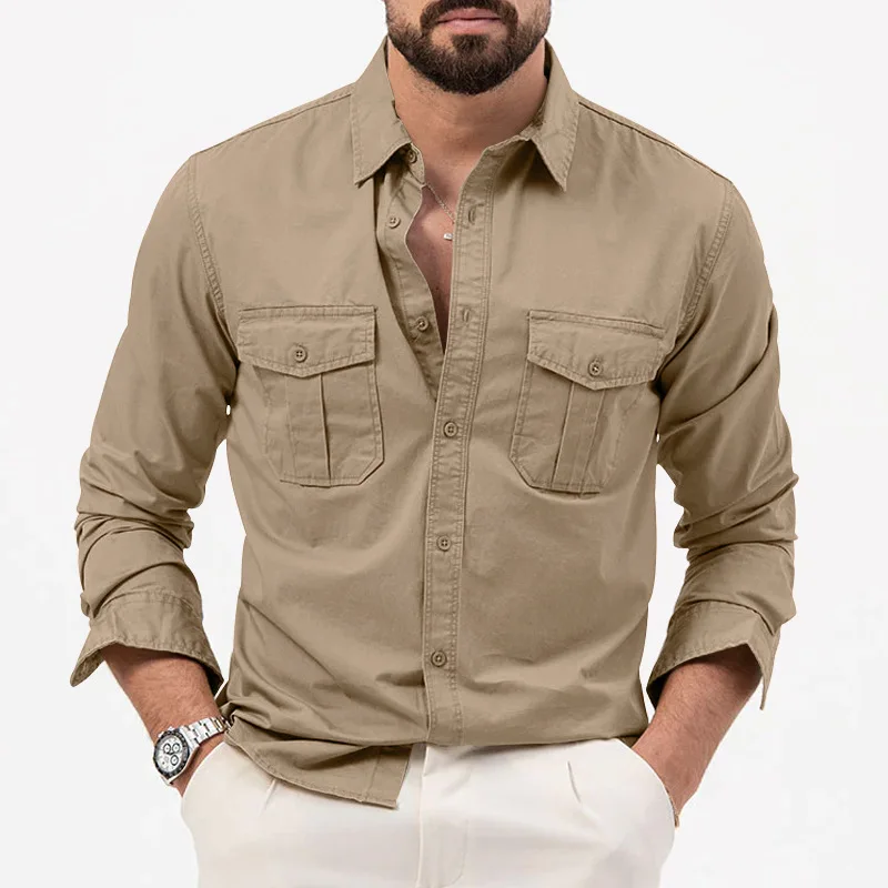 2024 summer Europe and the United States vintage cargo men's advanced multi-pocket solid color leisure sports long-sleeved shirt