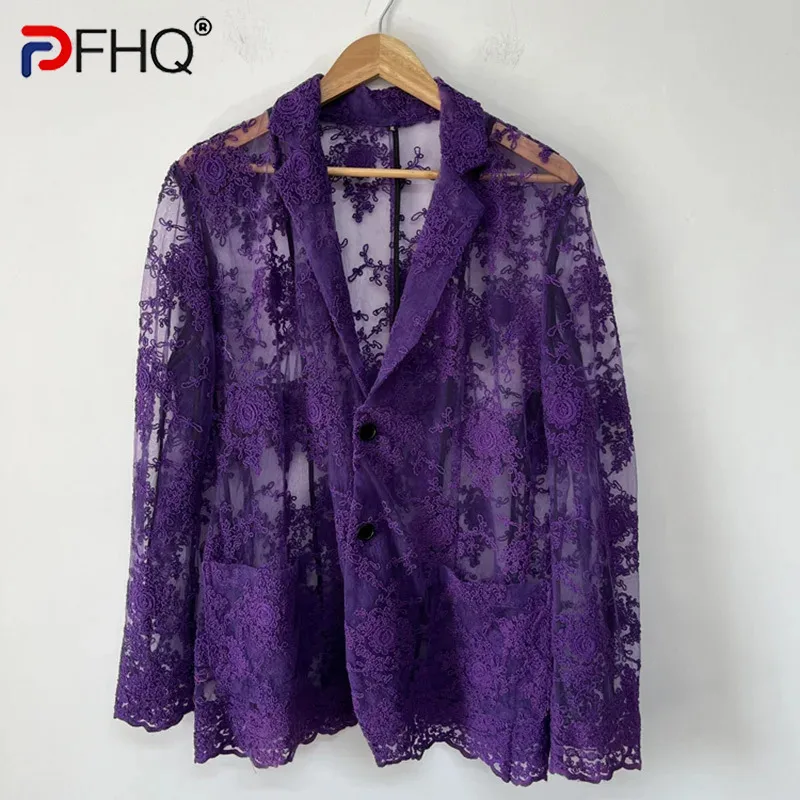 

PFHQ Men's Only One In Stock Blazer Embroidered Mesh Design Personalized Versatile Niche Perspective Suit Jackets Summer 21Z4643