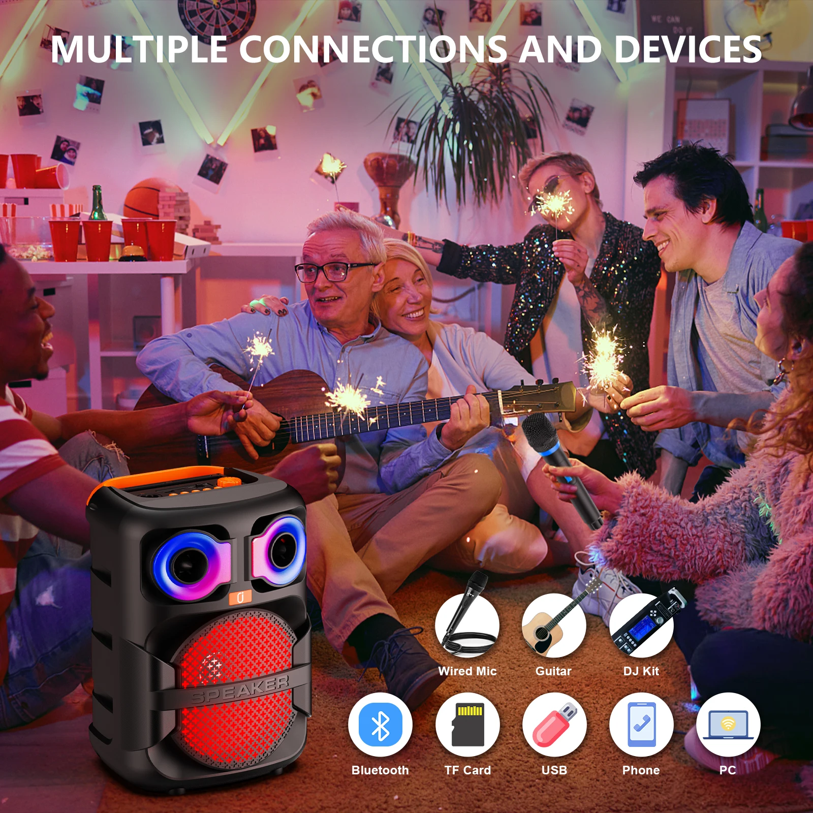 T28 무선 블루투스 스피커, 2개의 마이크가 있는 노래방 기계, LED 조명/7500Mah 배터리가 장착된 가정용 노래방 파티 스피커