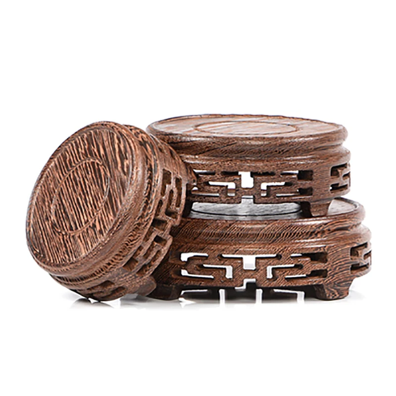 Round Shape Solid Wood Carving Craft Vase Ornaments, Wood Block Floor Base, Bonsai Buddha Aquarium Pedestal, Display Stand