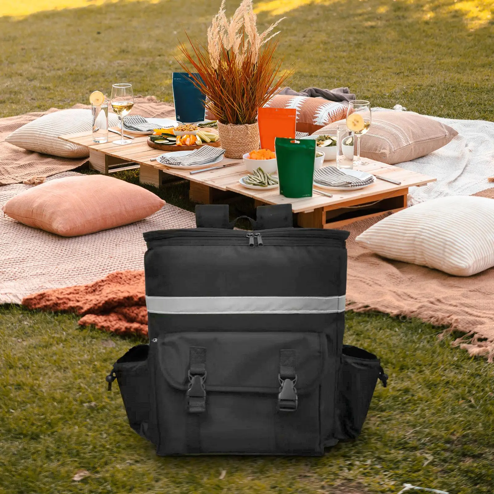 Food Delivery Backpack with Cup Holders Beach Transport Groceries Camping Pockets Container Outdoors Reusable Food Delivery Box