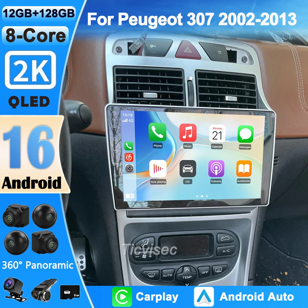 Radio para Auto Android 16 4G+WIFI Carplay para Peugeot 307 307CC 307SW 2004-2013 Multimedia Estéreo WiFi Video 2din 2 DIN CarPlay 1