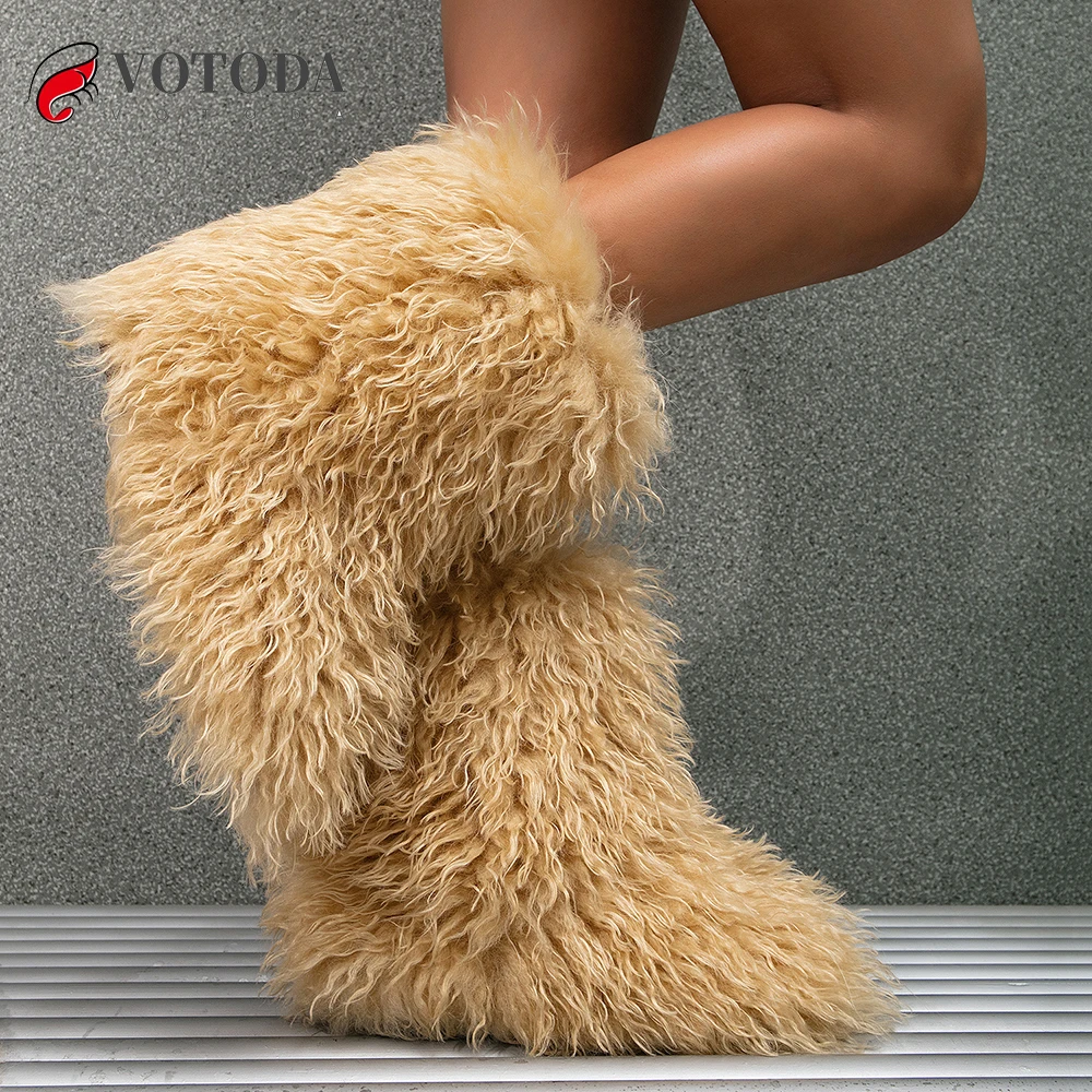 Women Snow Boots Winter Boots Furry Shoes Women Teddy Fur Snow Boots Fluffy Warm Faux Wool Plush Fashion Ladies Mongolian Fur Boot