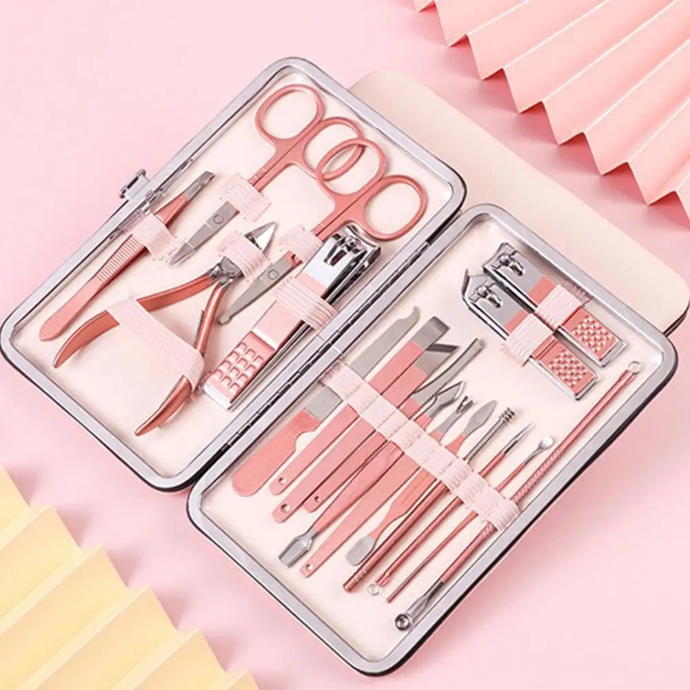 

Stainless Steel 18pcs Nail Set Grooming Tool Set With Portable Case Manicure Art Tool Pink Nails Cut