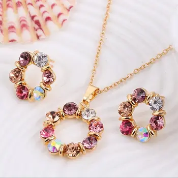 3 pçs colar de ouro brincos conjunto senhoras celebridade simples estilo moda requintado vitral diamante círculo forma jóias 1