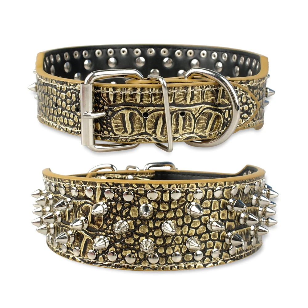 Adjustable spiked studded leather dog collar for small and medium dogs, bulldogs, and puppies  -  gold