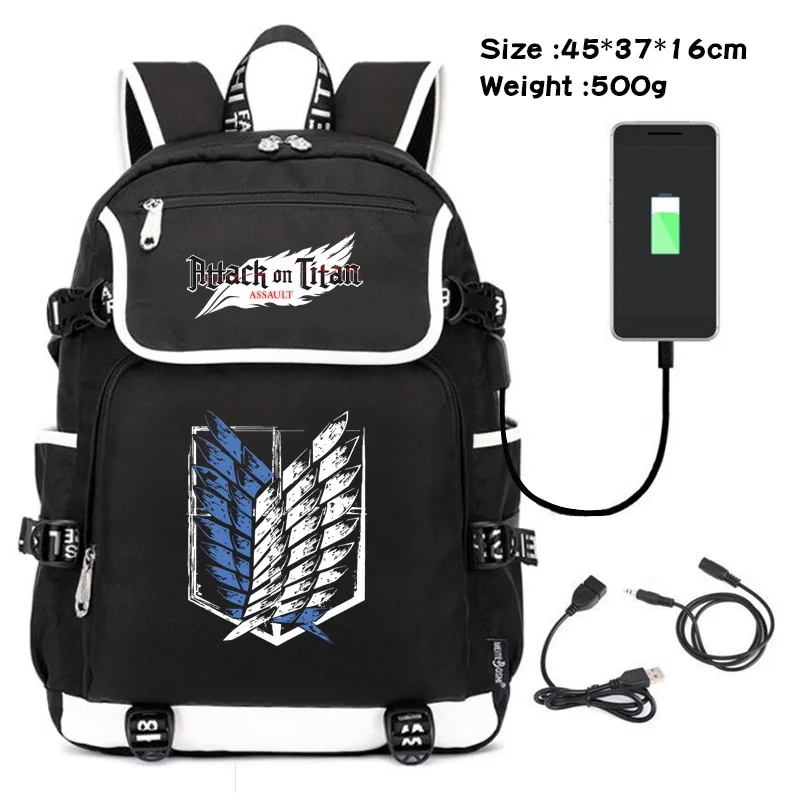 

Anime Attack On Titan Backpack Shingeki no Kyojin Cartoon Student Schoolbags USB Charging Travel Backpack Teenagers Laptop Bags