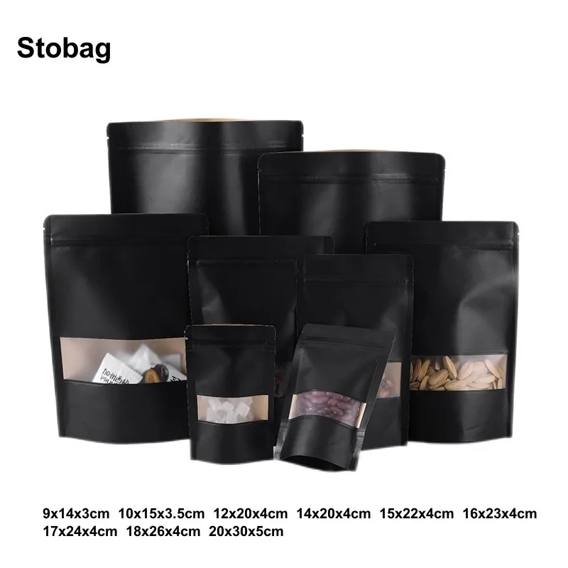

StoBag 50pcs Black Kraft Paper Food Ziplock Bags Window Stand Up Sealed for Tea Nuts Candy Snack Beans Storage Pouches Reusable
