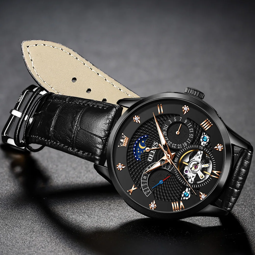 OLEVS New Top Brand Men's Automatic Mechanical Watches Waterproof Leather Strap Luxury Men Wristwatch Luminous Watch