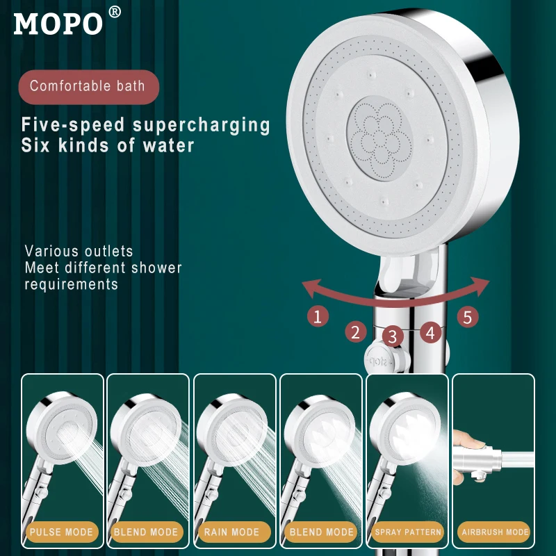 Shower Head High Pressure 6 Modes Adjustable Bathroom Filter One-key Stop Water Bathroom Accessories Toothbrushes Heads
