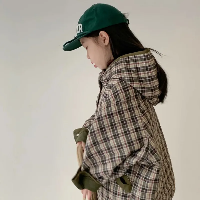 2025 한국 겨울 어린이 여자 파카 면 패딩 두꺼운 따뜻한 여자 아이 코트 체크무늬 후드 어린이 여자 아우터 재킷