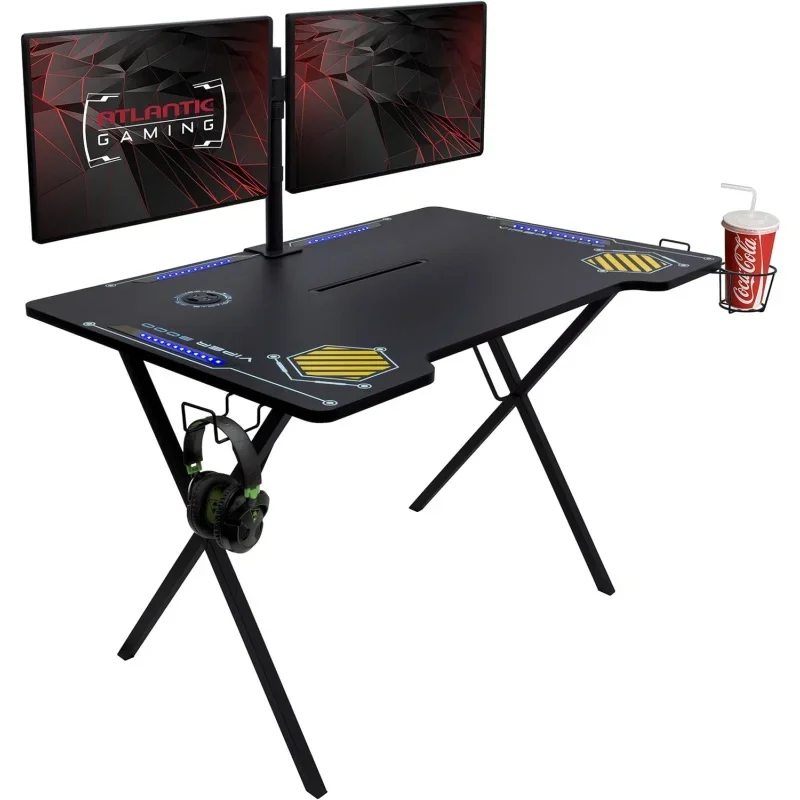 

Atlantic Viper 3000 Gaming Desk – Single Laminated Surface, Heavy-Duty Steel X-Legs, Integrated LED, 3 USB 3.0 Ports, Smart Devi