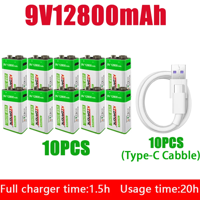 NEW 9V 12800mAh li ion Rechargeable battery Micro USB Batteries 9 v
