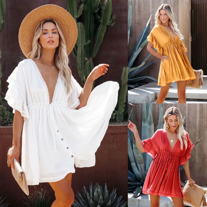 Sexy Bikini Cover-ups Deep V Neck Short White Tunic Casual Summer Beach Dress Elegant Women Clothes Beach Wear Swimsuit Cover Up