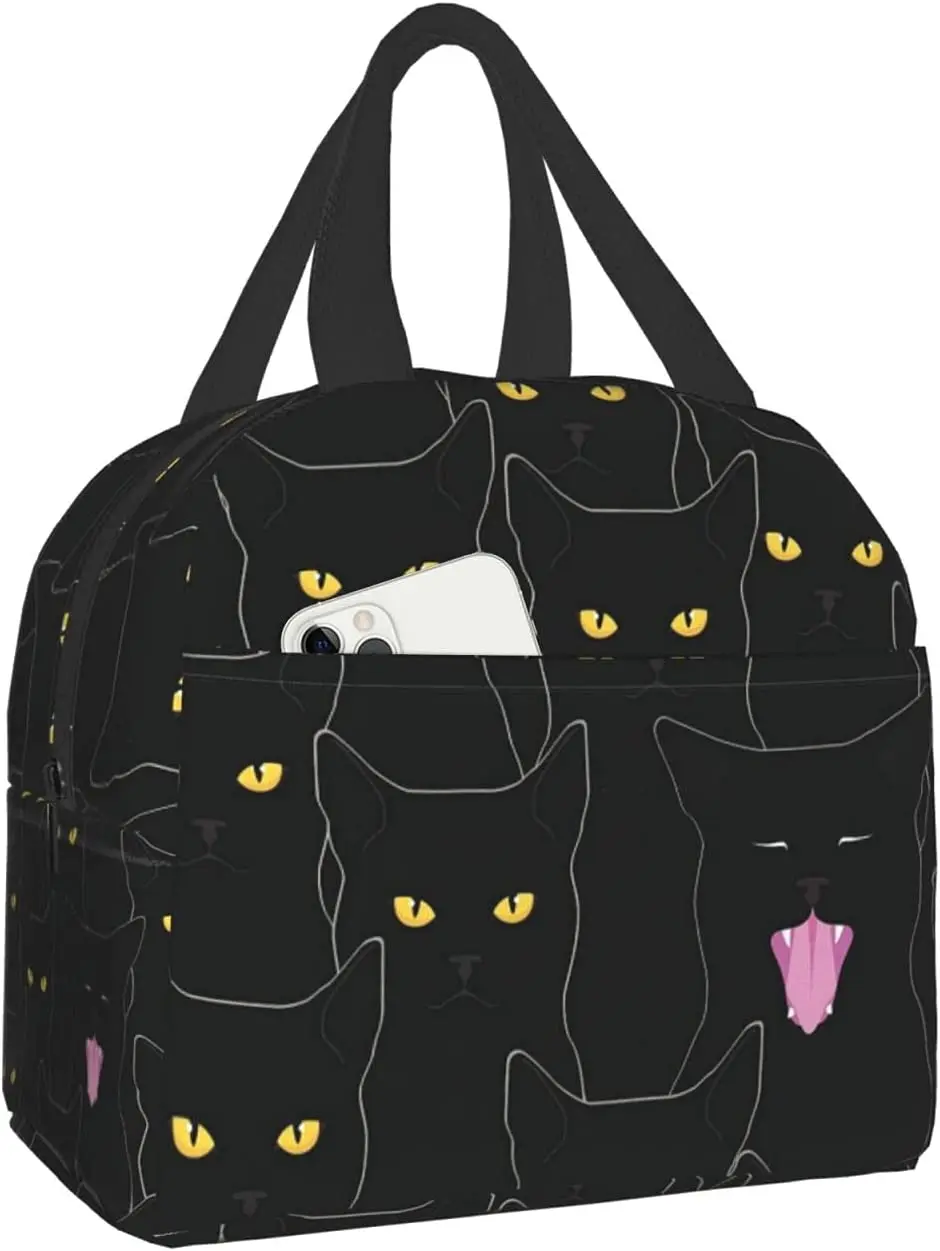 Black Cats Insulated Lunch Bag for Women Men Reusable Leakproof Tote Bag with Front Pockets Cooler Work Office Beach Hiking