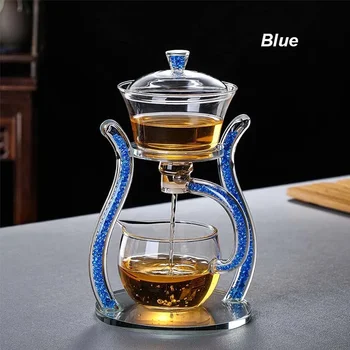 Glass Automatic Lazy Tea Set  Crystal Glass Teapot Set Heater Magnetic Rotating Cover Kung Fu Heat-Resistant Teapot 6 Cups 6