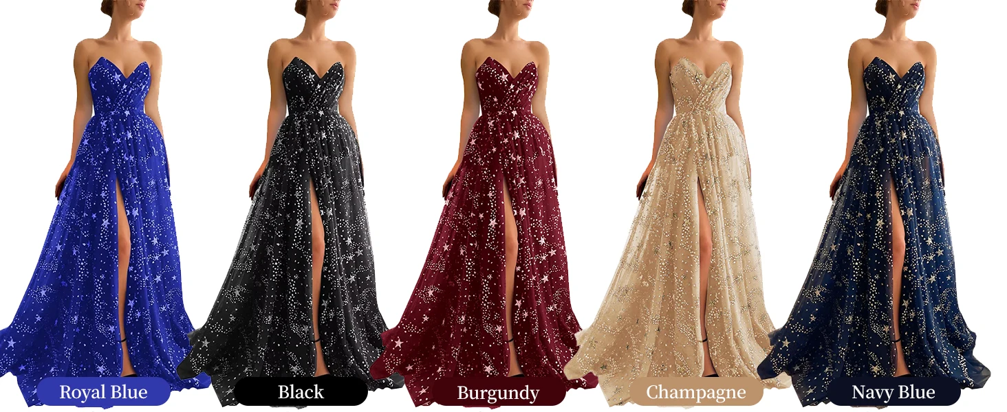 Smileven Women's Sparkle Starry Tulle Prom Dresses Strapless Slit Formal Evening Party Gowns