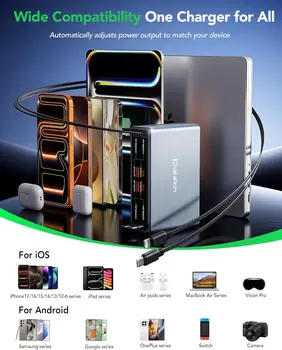 105W GaN USB-C Fast Charging Hub with 4 Retractable Cables, 8-in-1 Station for iPhone, Galaxy, iPad 2