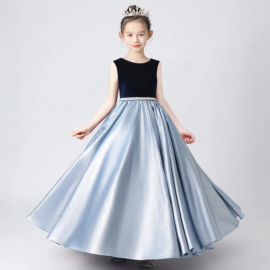 

Teens Girls Modesty Piano And Violin Performance Dress 4 To 14 Years Princess Rhinsstone Belt Graduation Evening Party Ball Gown