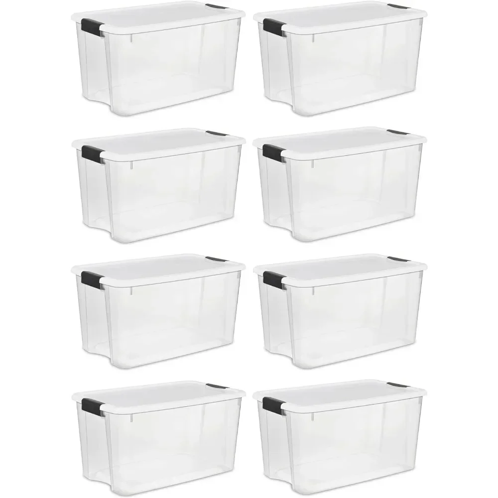 

70 Qt High-capacity Stackable Storage Bin with Latching Lid, Organize Clothes Sport Gear in Basement Clear with White Lid 8-Pack