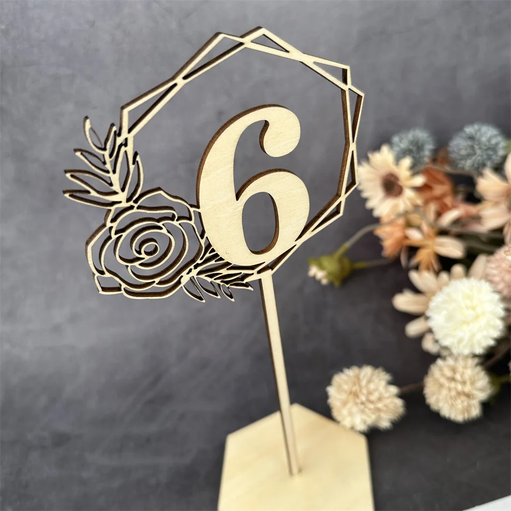 10pcs Wooden Table Number Rustic Wedding Engagement Hexagonal Number Signs With Base Birthday Event Party Decoration Supplies
