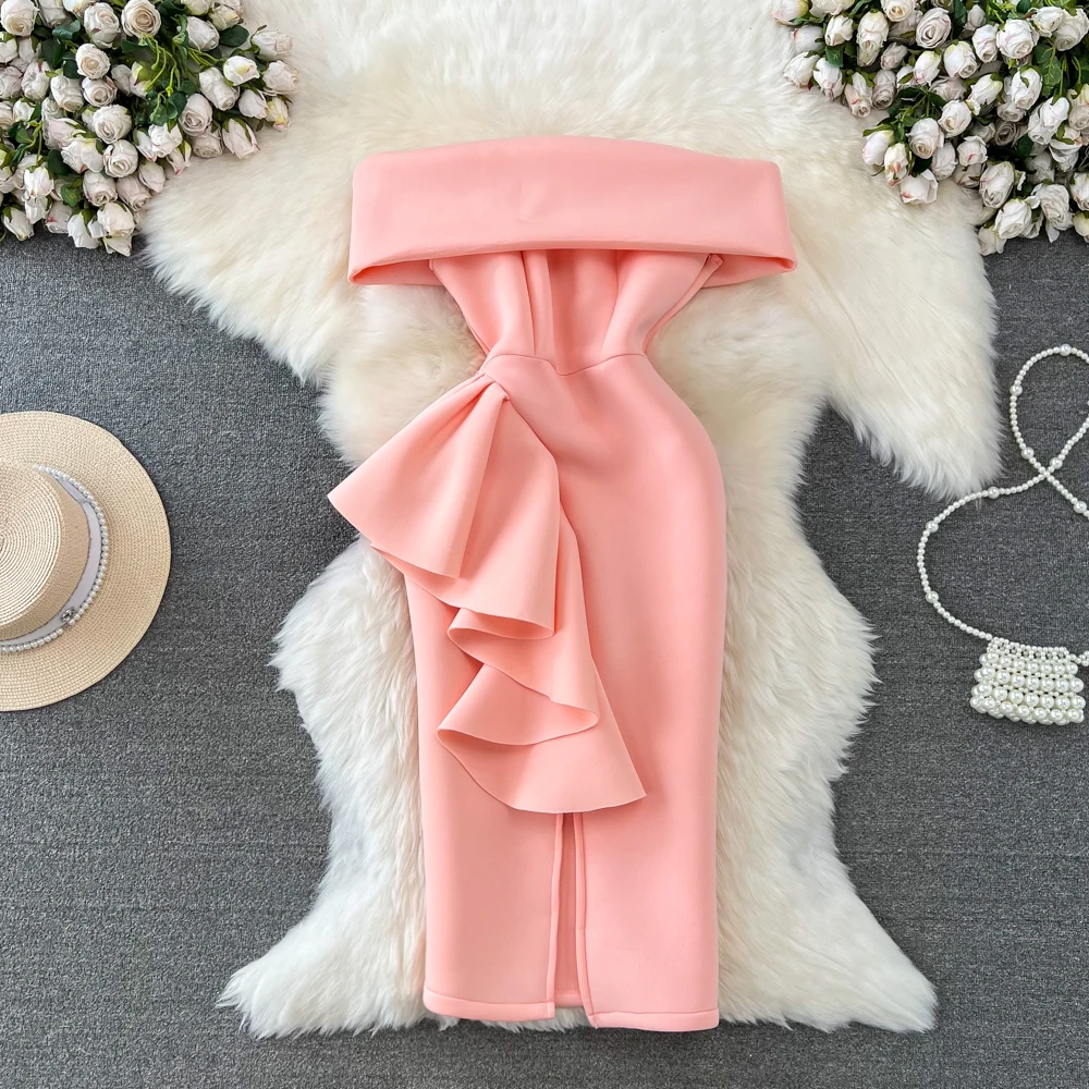 

Young Gee Luxury Sleeveless Off the Shoulder Strapless Slim Waist Ruffled Split Dress Women Christmas Party Dresses vestidos