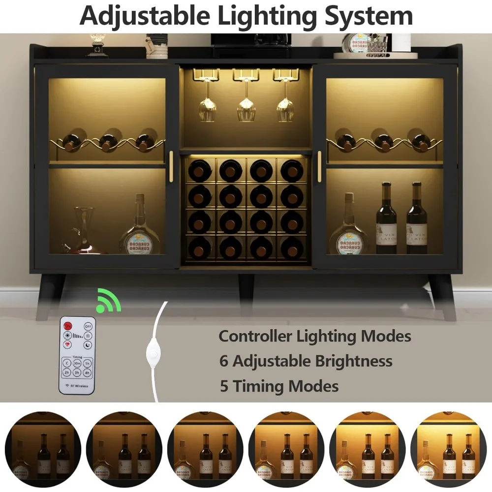 Wine Bar Cabinet with LED Light, Home Coffee Cabinet with Wine Rack and Glass Holder, Kitchen Buffet Sideboard W Storage Shelf