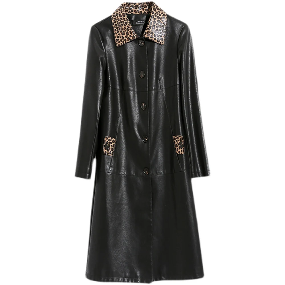 New Women Leather Coat Spring Autumn Fashion Leopard Collar Shirt Style Slim Sheepskin Coat Casual Long Outerwear Split Leather