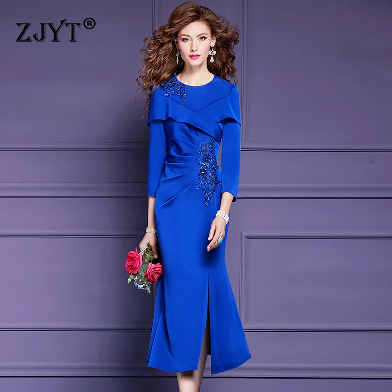 

ZJYT Elegant Luxury Beading Evening Party Dresses for Women Long Sleeve Midi Mermaid Dress Plus Size Cocktail Formal Vestidos