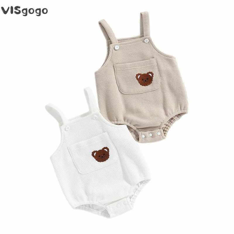 VISgogo-와플 슬링 민소매 귀여운 곰 자수 롬퍼 여아용 남아용, 0-24M, 여름 캐주얼 의류
