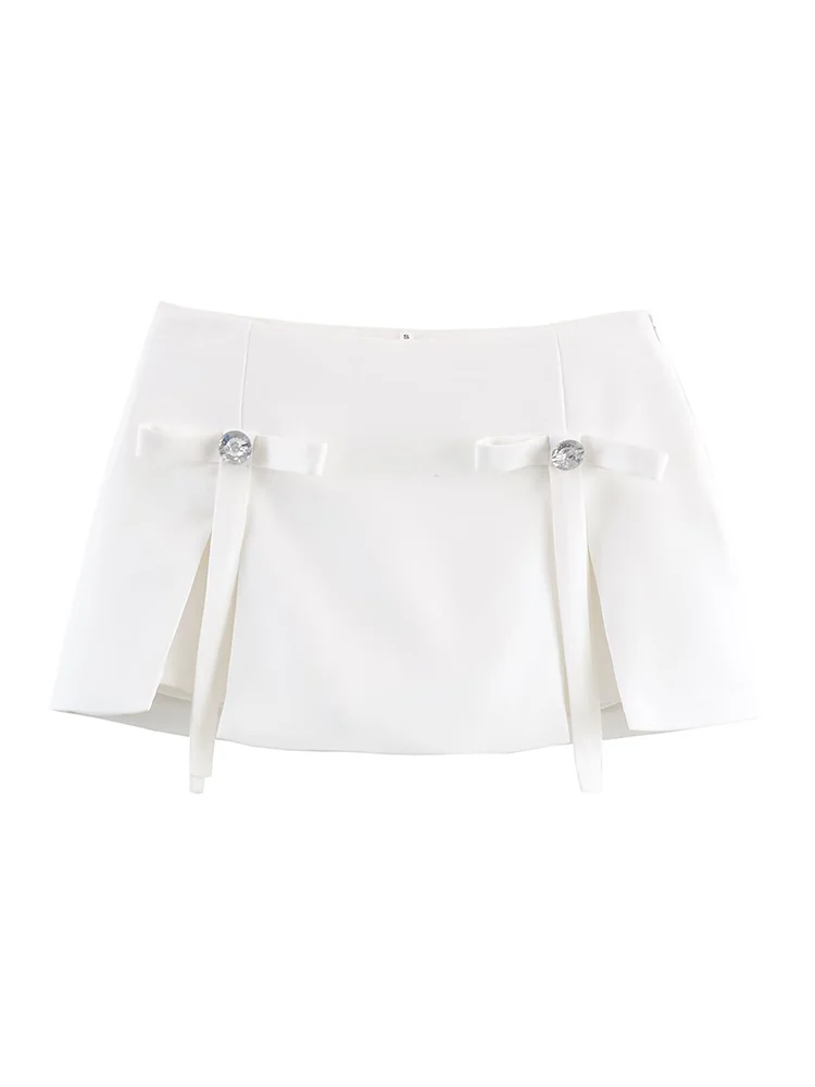 New Women Luxury Bead Diamonds Skirts Spring Summer High Waist A Line Zipper Shorts Skirts Fashion Bow Decoartion Skirts