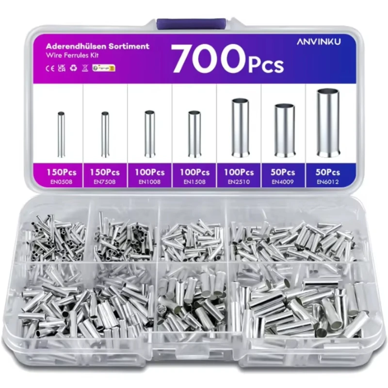 Terminal Connector 600/700pcs Bare Terminal Tubular Wire End Ferrules Mix Size Uninsulated Cable Sleeves Simple for Wire Connection Pin Crimp