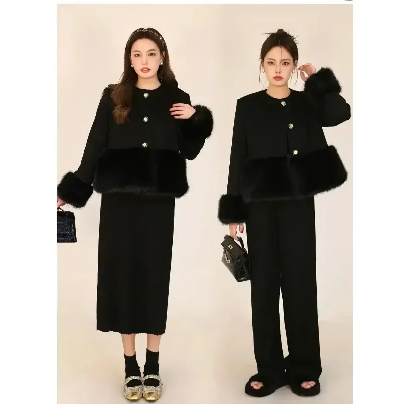 GkyocQ 2024 가을 겨울 두 조각 세트 여성 블랙 모피 스플 라이스 트위드 짧은 재킷 미니 스커트 정장 여성 스커트 세트