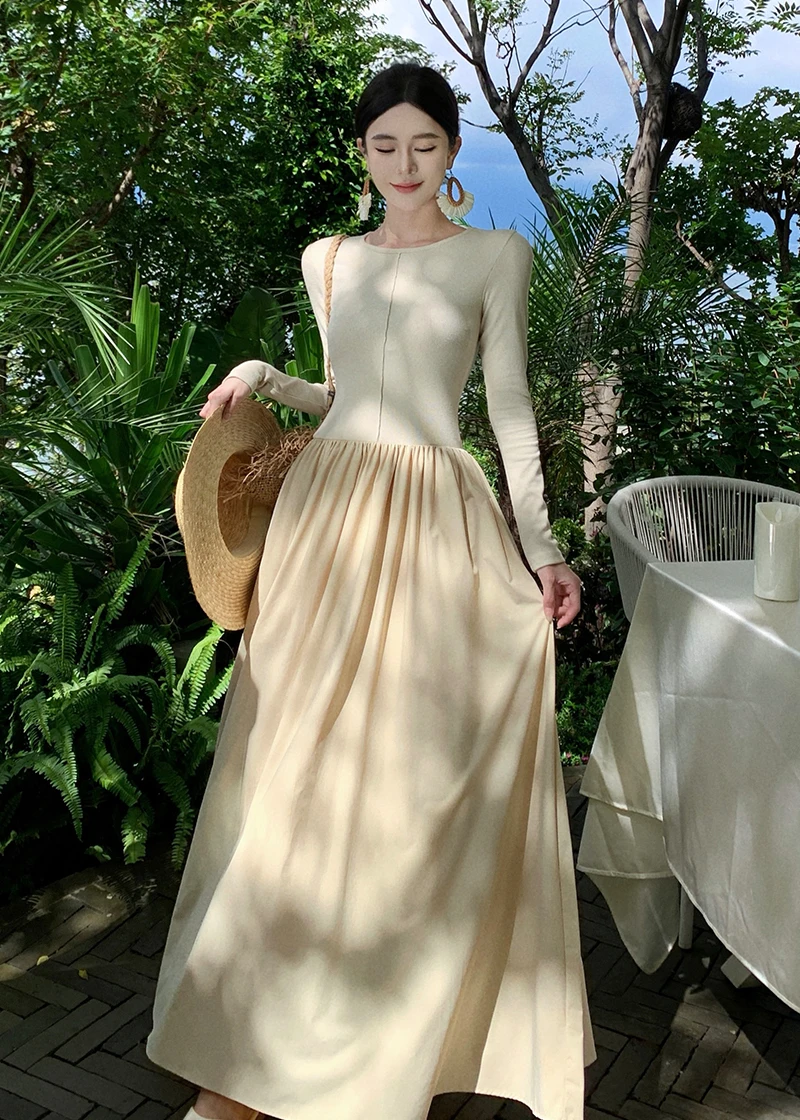 Vestidos largos informales de retazos para mujer, cuello redondo, mangas largas, corte en A, otoño primavera, moda coreana, vestidos de una pieza para mujer, nuevos