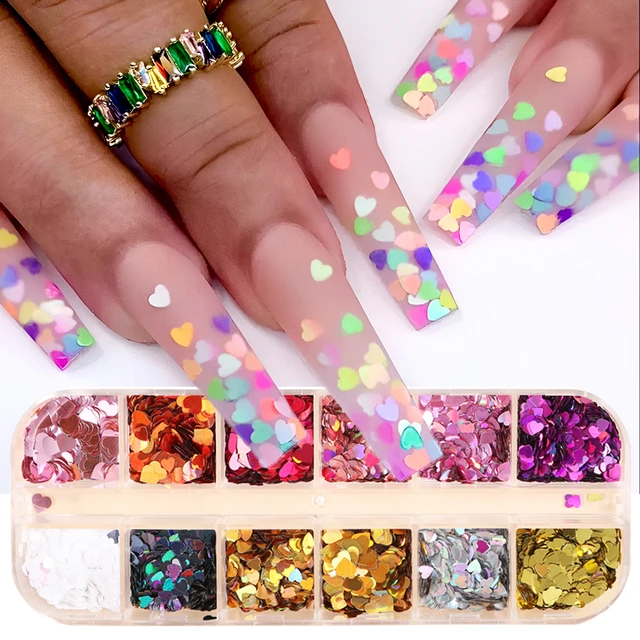 12 Grids Love Heart Nail Art Slices Sequins for Nail Design Valentines 3D  Nail Charms Heart Shape Candy Colors Flakes Nail Decorations Manicure DIY