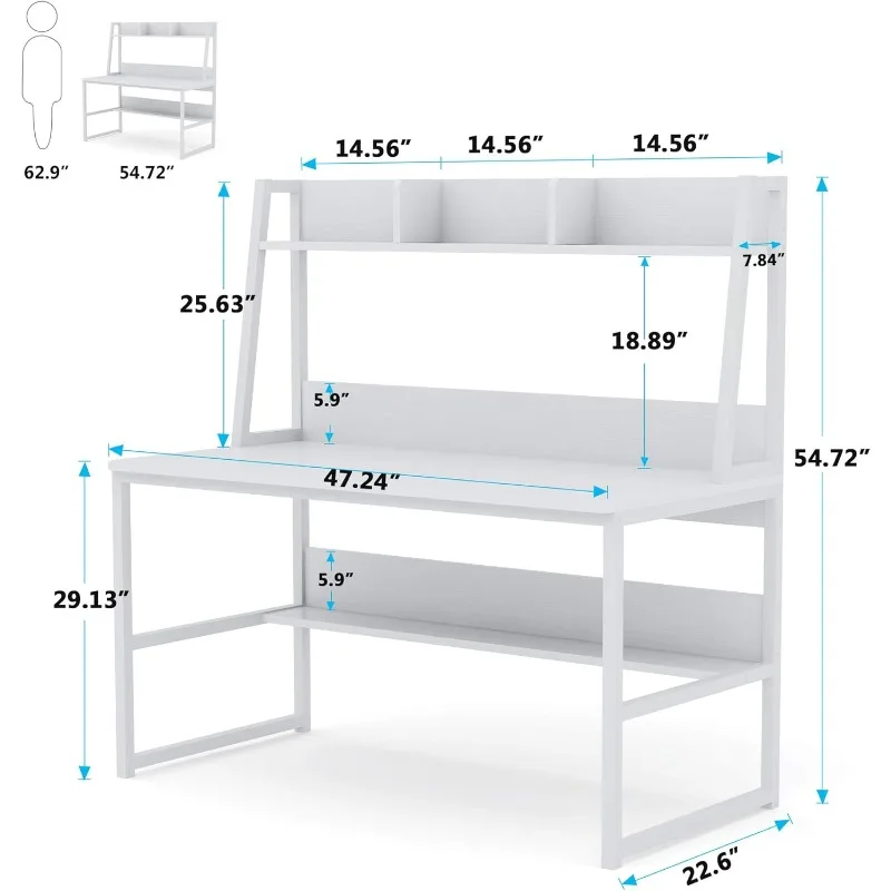 Computer desk with kitchen cabinets, 47-inch home desk with space saving design and small space with bookshelves 2