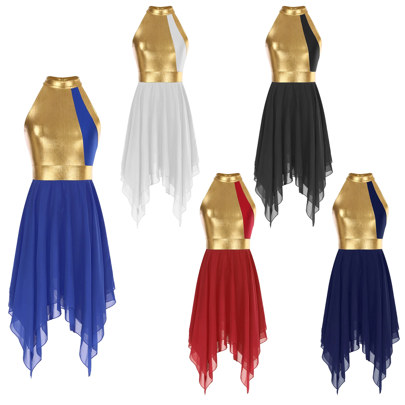 

Womens Modern Lyrical Ballet Dancewear Patchwork Color Block Sleeveless Ruffled Asymmetrical Hem Dress Waltz Performance Costume