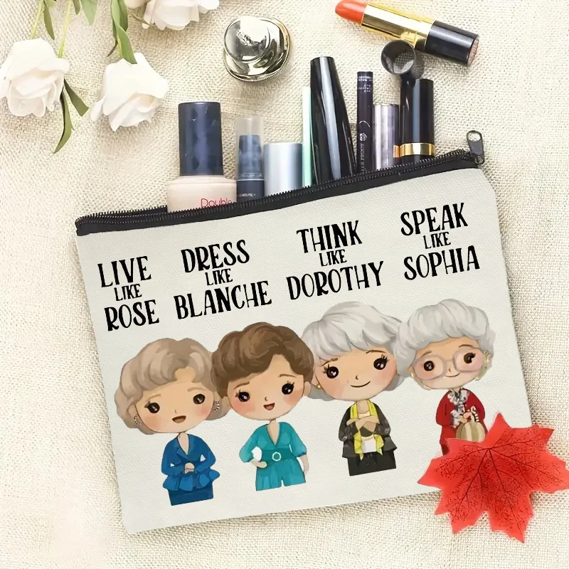 Multi Functional Cosmetic Bag, White Printed Pattern Canvas Bags for Women Storing, Toiletries, Makeup, Travel, Essential Items