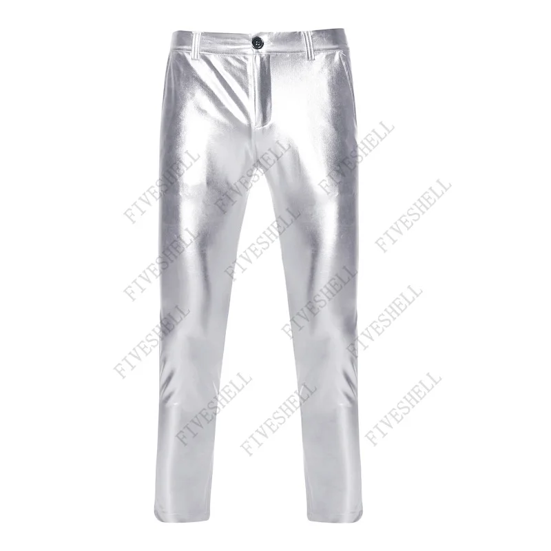 Motorcycle PU Leather Pants Men Brand Skinny Shiny Gold Coated Metallic Pants Trousers Nightclub Stage Perform Pants for Singers