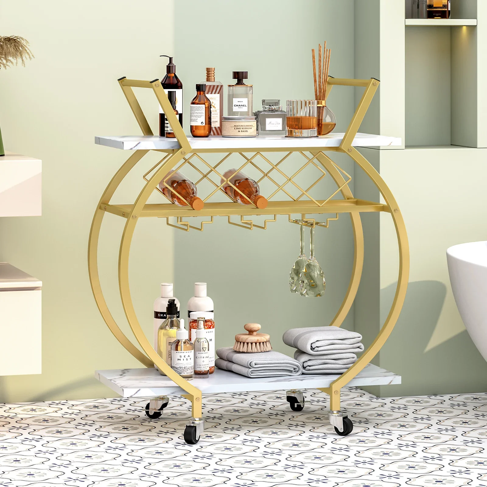 Gold and White Bar Cart Mini Rolling Kitchen Storage Cart with Wine Rack and Glass Holders Wine