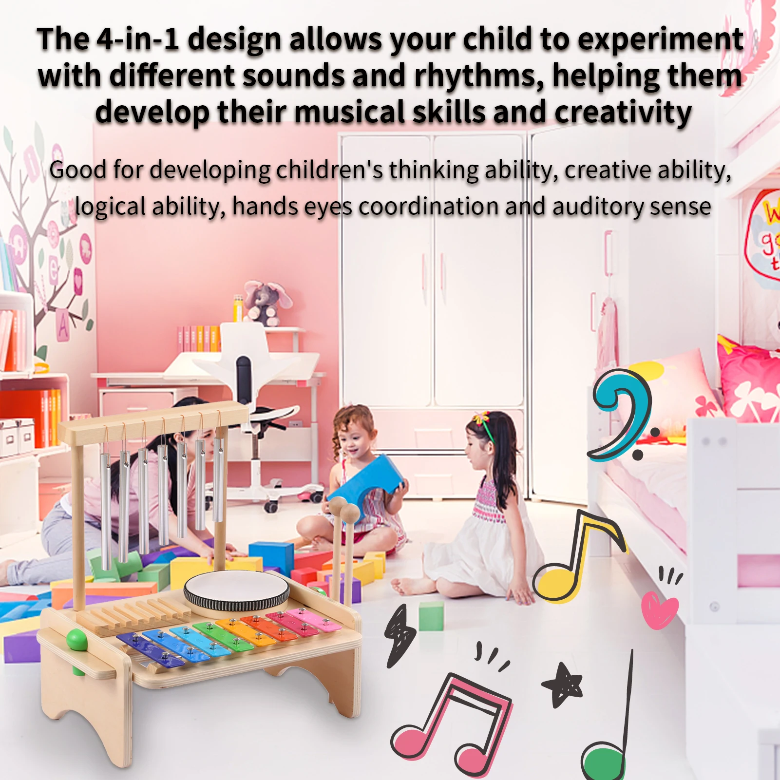 Wind Chime Combination Set Kids Drum Set Xylophone Drum Wood Guiro Scraper 4-in-1 Musical Instruments for Kid Gift Musical Percussion Toy Guiro Scraper