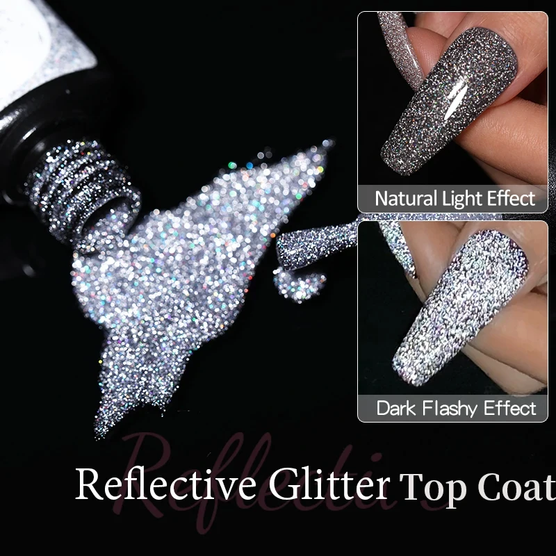 Reflective Glitter Top Coat Gel Nail Polish 1pc 10ml Silver Colorful Sparkling Auroras Laser Semi Permanent Nail Art Gel