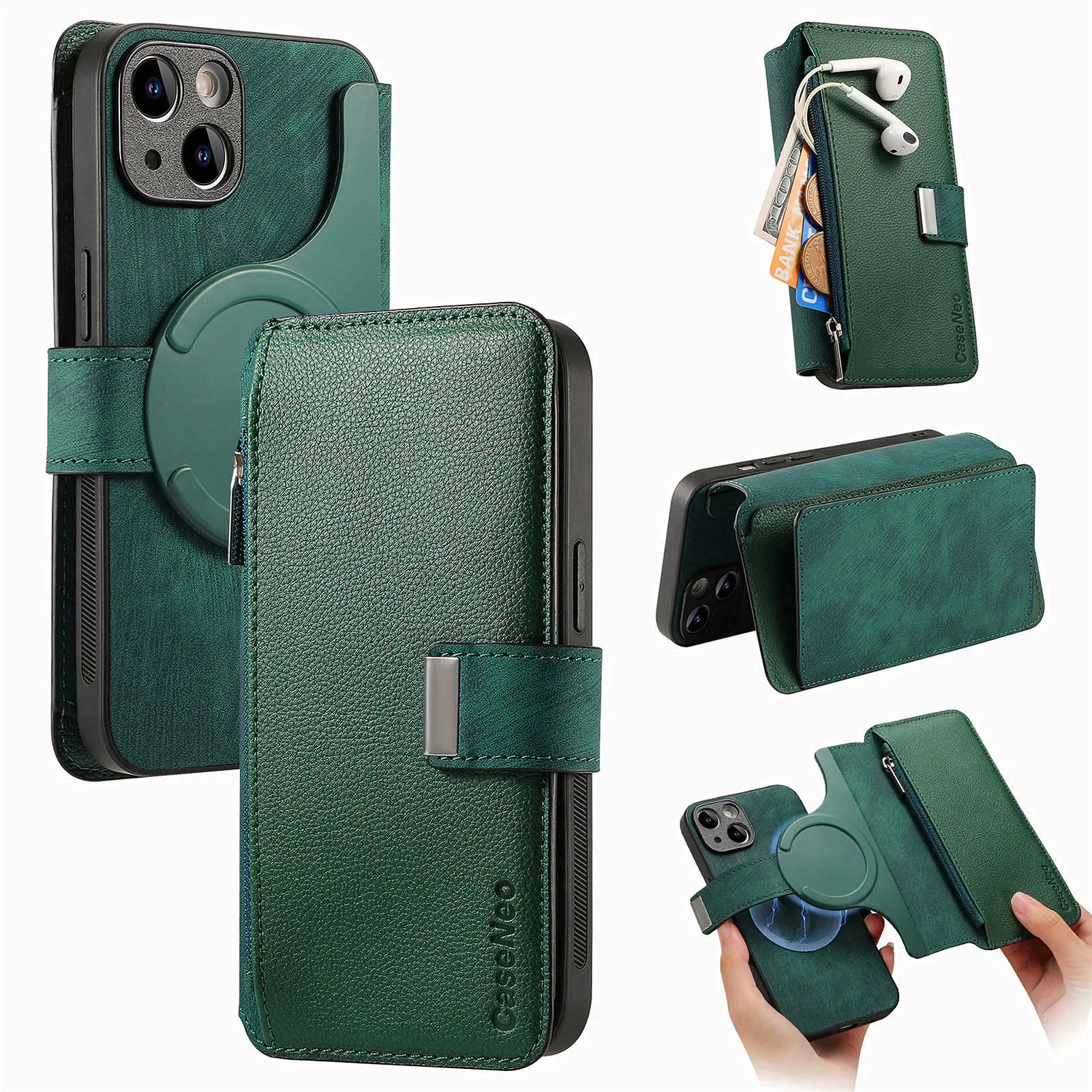 Luxury Leather Zipper Wallet Case with MagSafe and Multi Card Slots