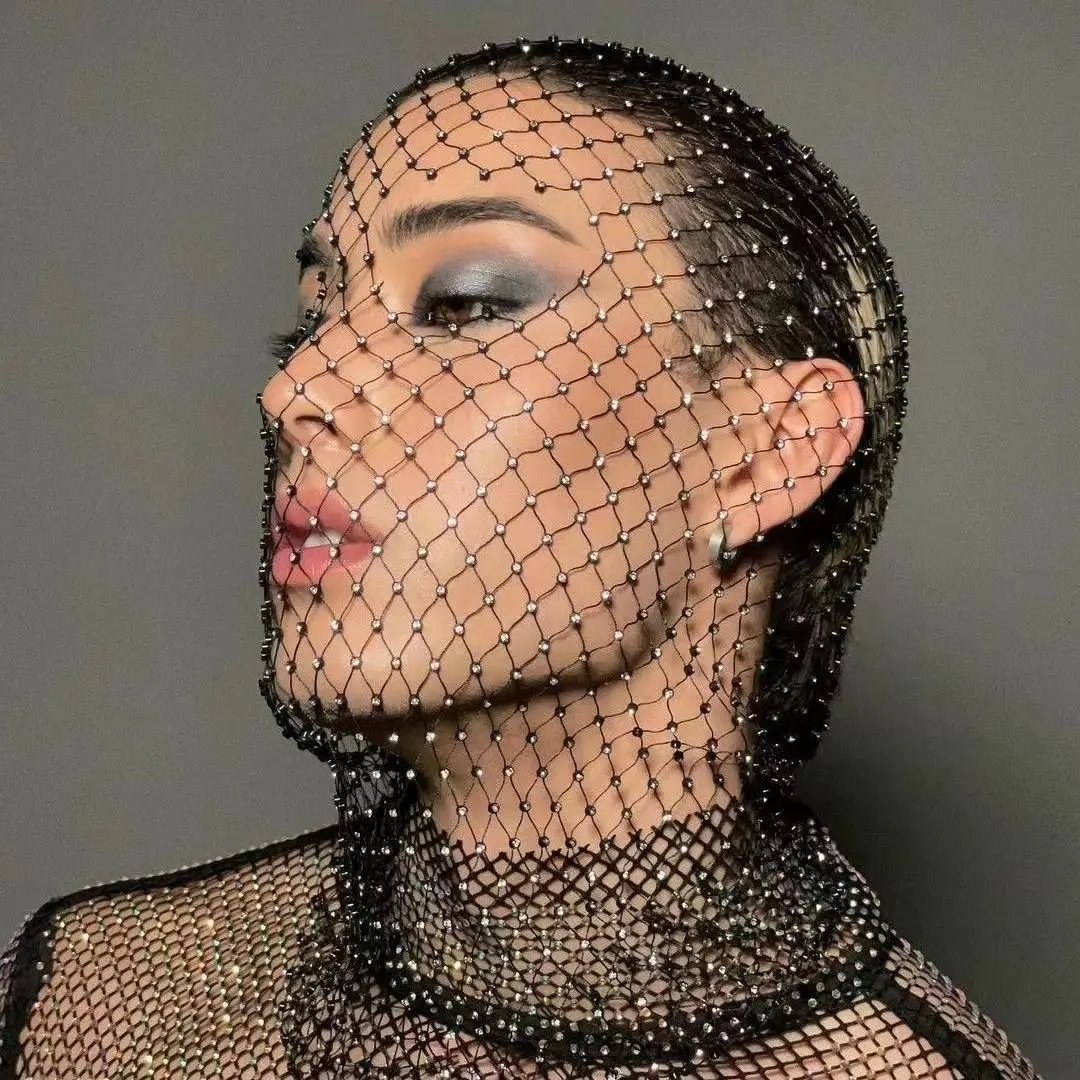 

Ladies Shining Fishnet Headhood Women Balaclava Elastic Rhinestone Turban Holiday Party Head Mask Crystal Mesh Skullies Headwrap