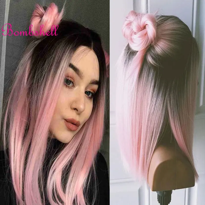 

Bombshell Black Ombre Pink Glueless Synthetic 13X4 Lace Front Wigs Short Bob Pre Plucked Hairlin Heat Resistant Fiber For Women