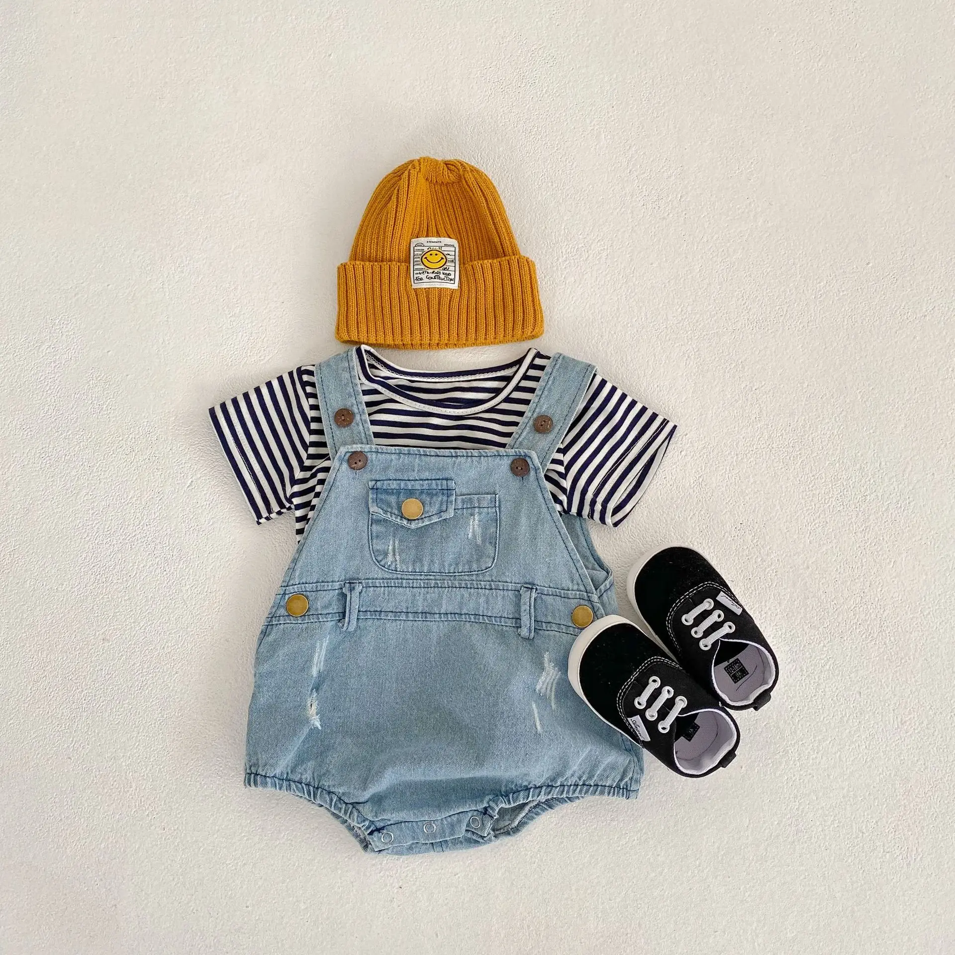 

Baby Clothes Girls Two Pieces Summer Kids Striped T-Shirt Short Sleeve Tops Denim Overalls Toddler Sling Bodysuit Baby Boy Sets